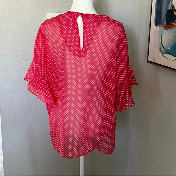 NWT Three Eighty Two Polka Dot Short Sleeve Sheer Top Size Large Red White - Picture 13 of 14